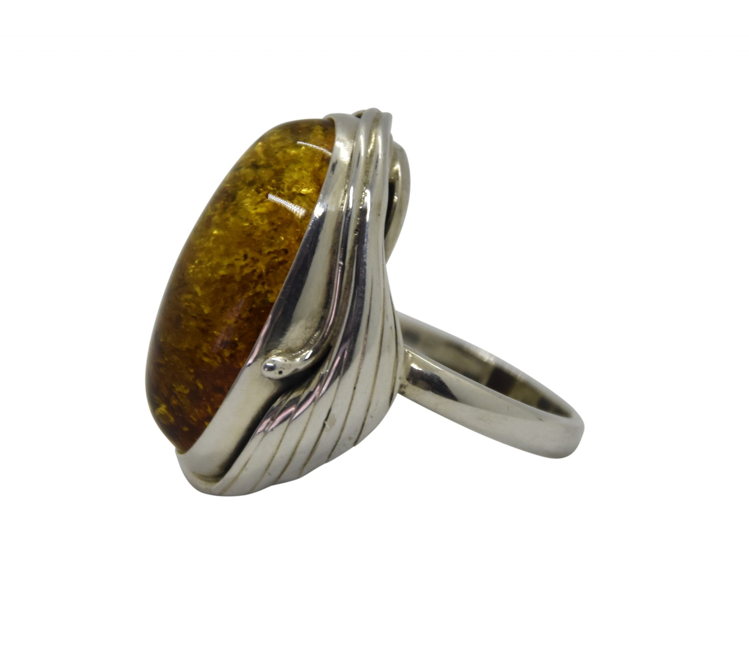 R-007-G Bernstein-Ring Silber-925, gruen, Unikat, M, modern, rund